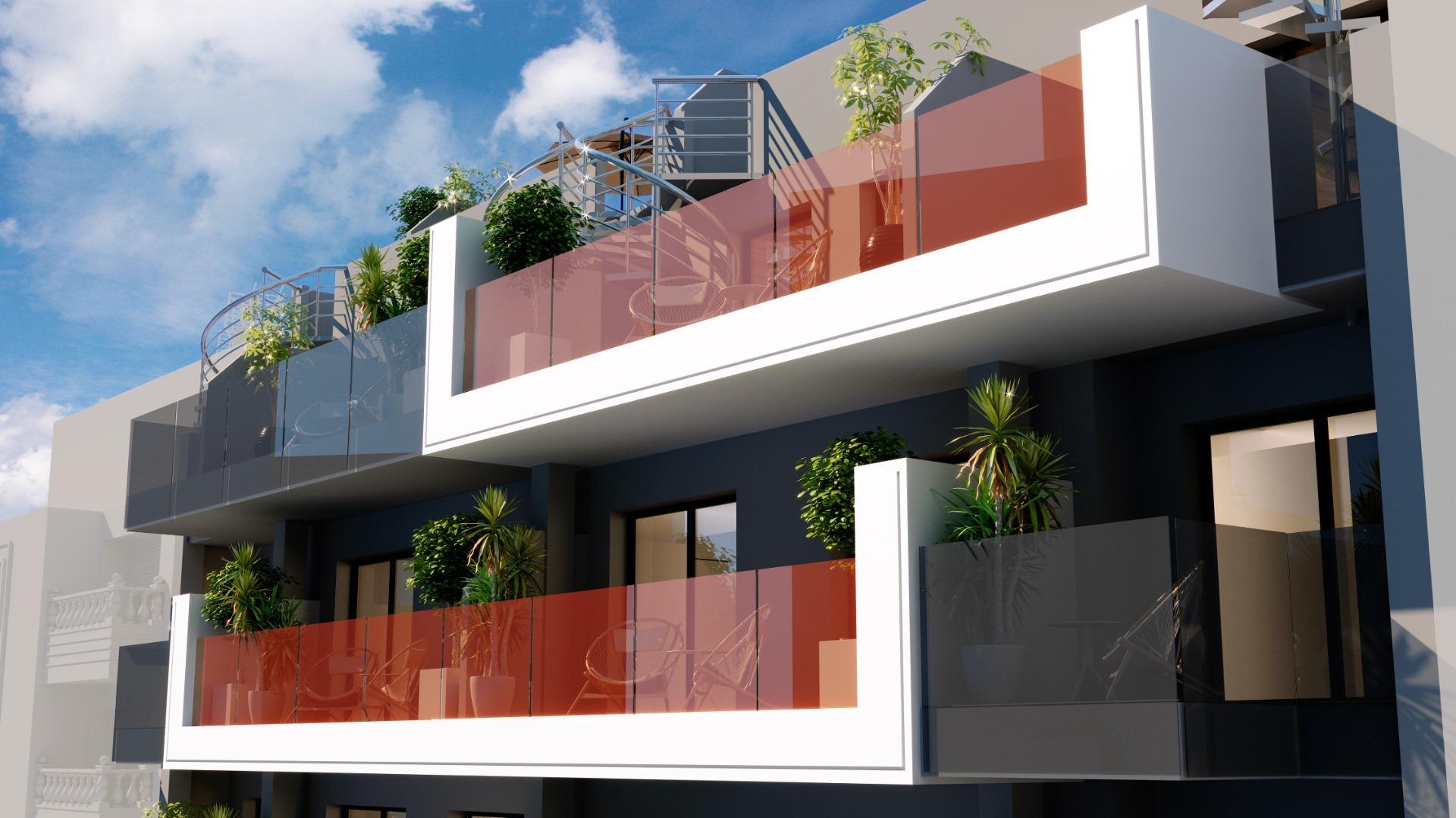 New Build Residential Complex in Torrevieja with communal pool, sauna, and parking options. Apartments feature 2-3 bedrooms, fully furnished kitchens, underfloor heating, and private terraces. Penthouses include solariums with showers and barbecues. Ideal location near shopping area and attractions.