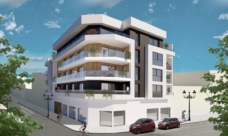 Modern coastal city building less than 500 meters from the beach in Guardamar del Segura. Features 2-3 bedroom homes with terraces, private solarium, storage room, Jacuzzi, underground parking, and commercial space.