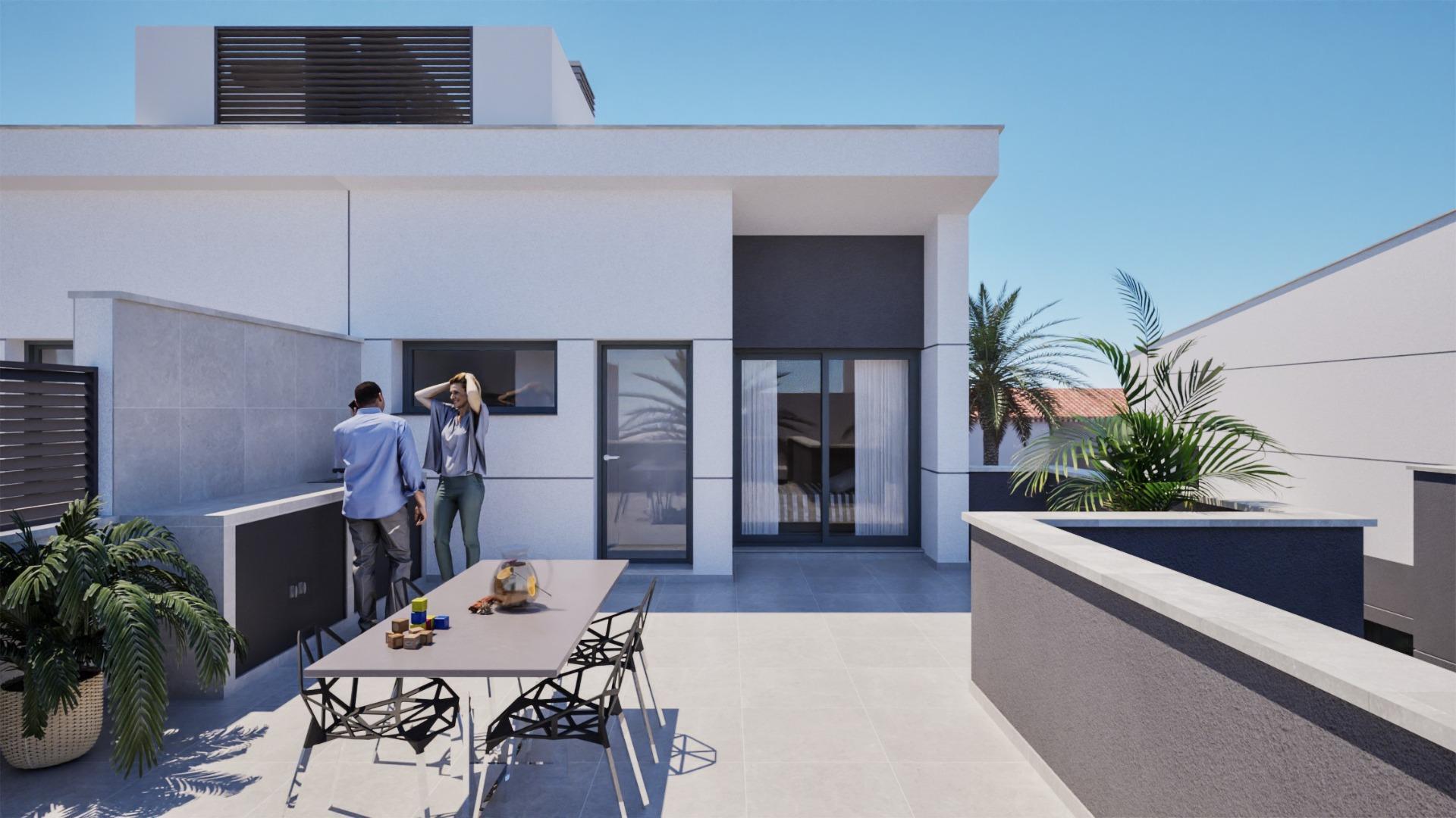 New build semi-detached villas with 3 bedrooms and 3 bathrooms in Los Nietos, Murcia. Elegant interiors, fully equipped kitchen, private pool, solarium, and solar panels. Located near the sandy beach of Los Nietos on the Mar Menor.