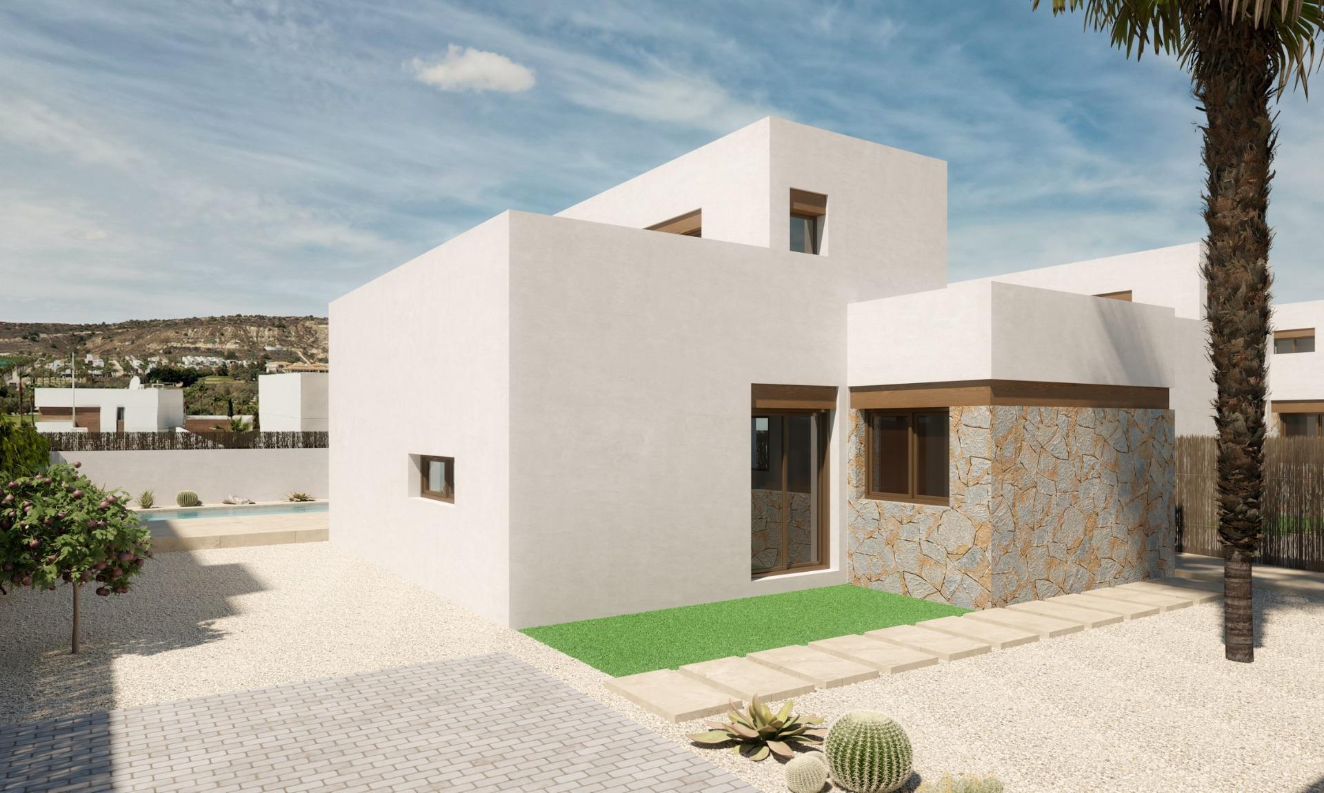 New build villas in Algorfa, featuring 3 bedrooms, 2 bathrooms, open plan kitchen with living area, large windows with terrace, pool access, and parking space. Access to high-quality services and close to beaches.