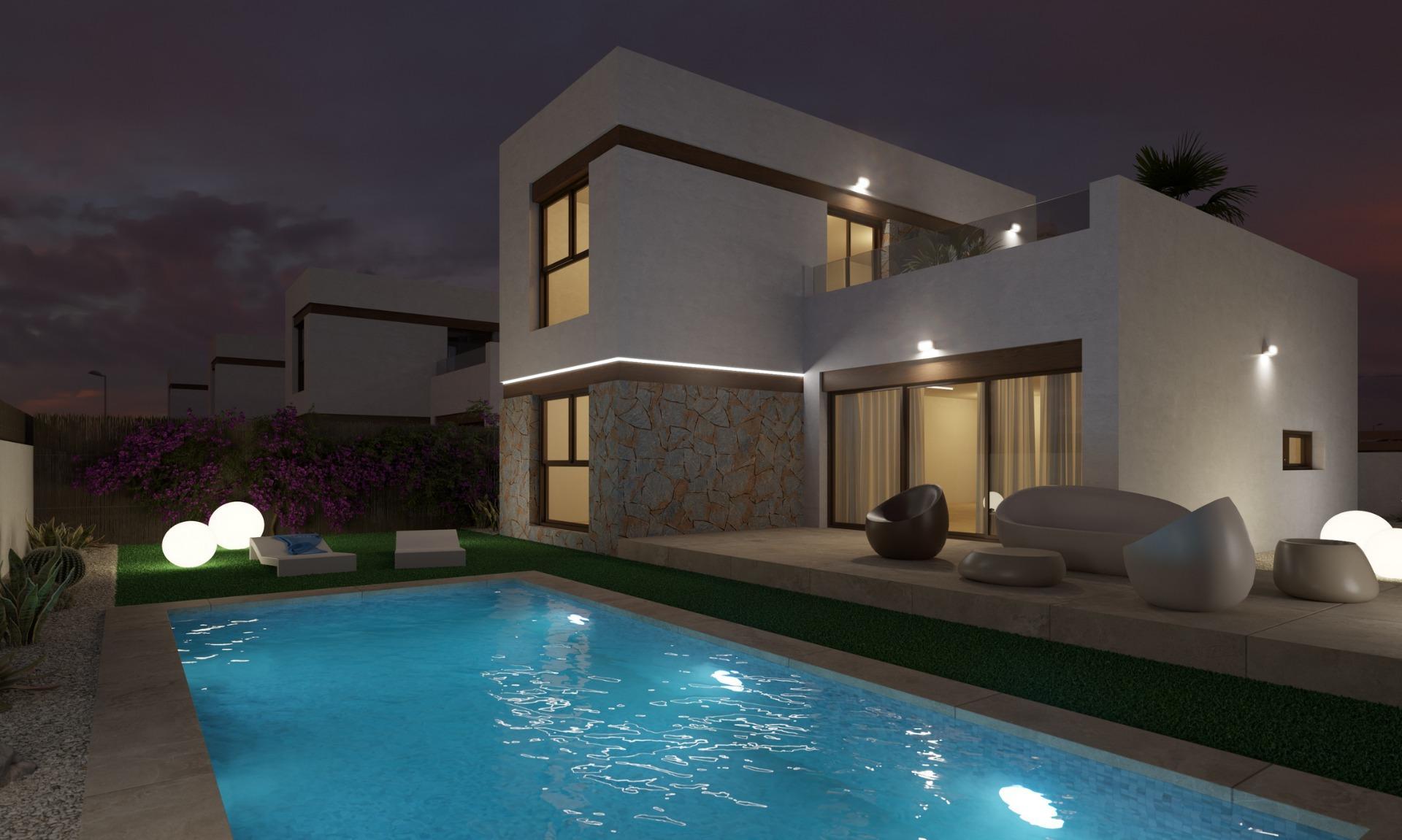 New build villas in Algorfa, featuring 3 bedrooms, 2 bathrooms, open plan kitchen with living area, large windows with terrace, pool access, and parking space. Access to high-quality services and close to beaches.