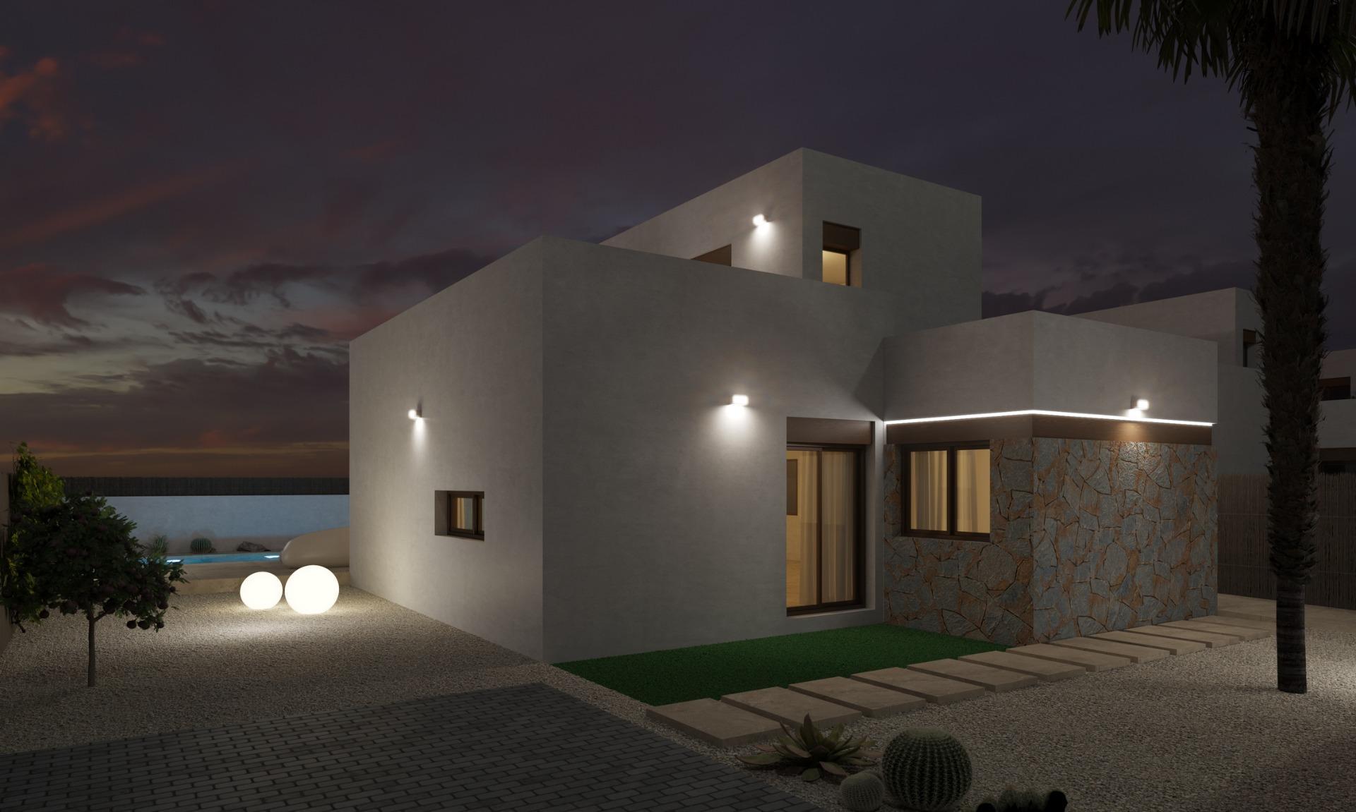 New build villas in Algorfa, featuring 3 bedrooms, 2 bathrooms, open plan kitchen with living area, large windows with terrace, pool access, and parking space. Access to high-quality services and close to beaches.