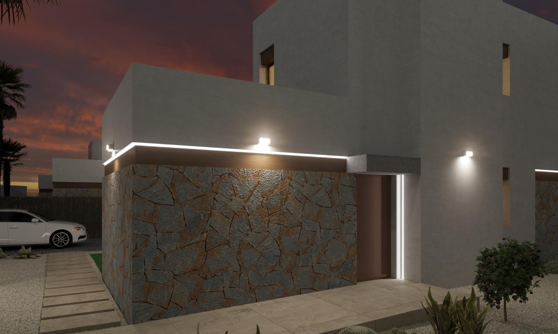 New build villas in Algorfa, featuring 3 bedrooms, 2 bathrooms, open plan kitchen with living area, large windows with terrace, pool access, and parking space. Access to high-quality services and close to beaches.