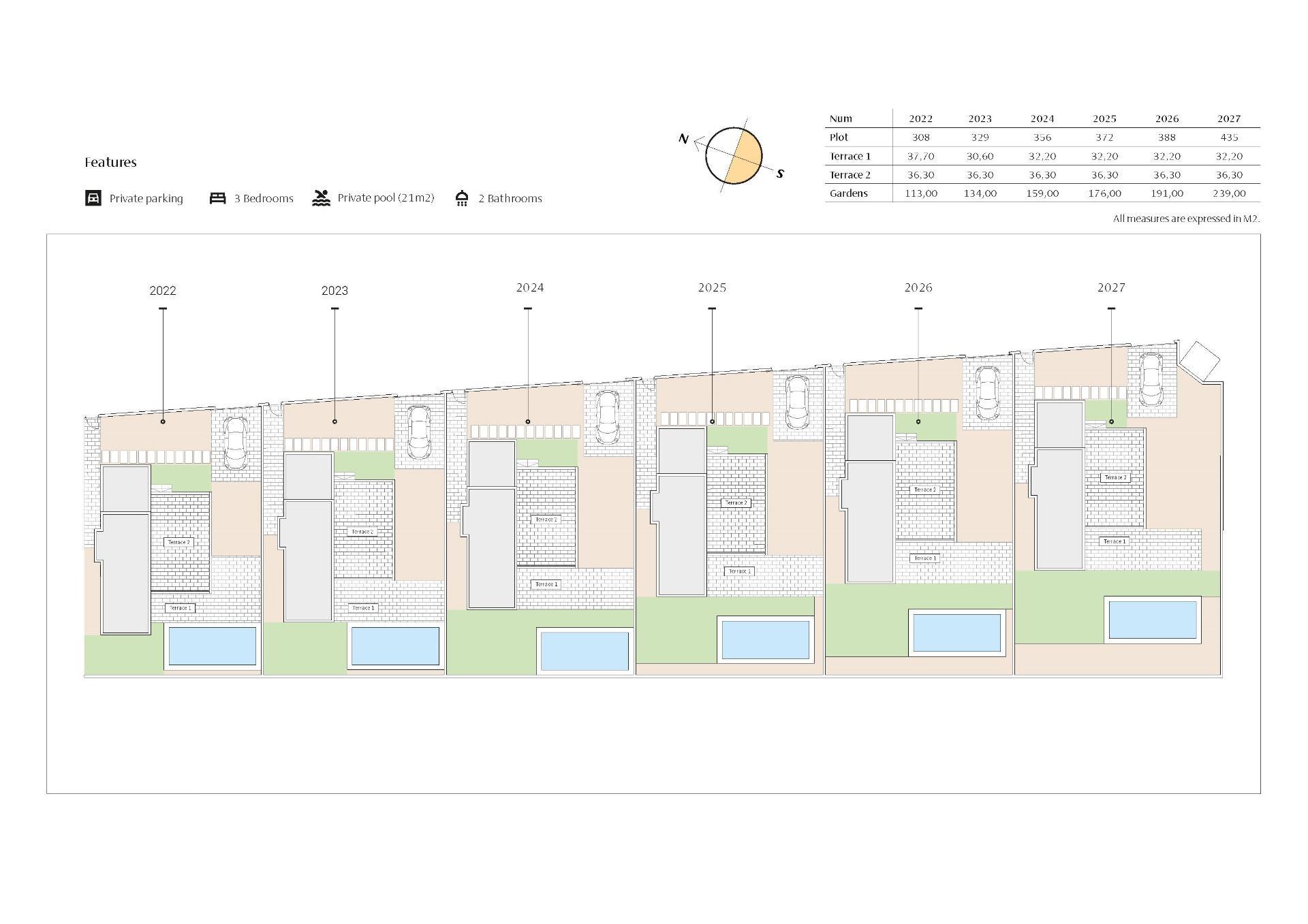 New build villas in Algorfa, featuring 3 bedrooms, 2 bathrooms, open plan kitchen with living area, large windows with terrace, pool access, and parking space. Access to high-quality services and close to beaches.