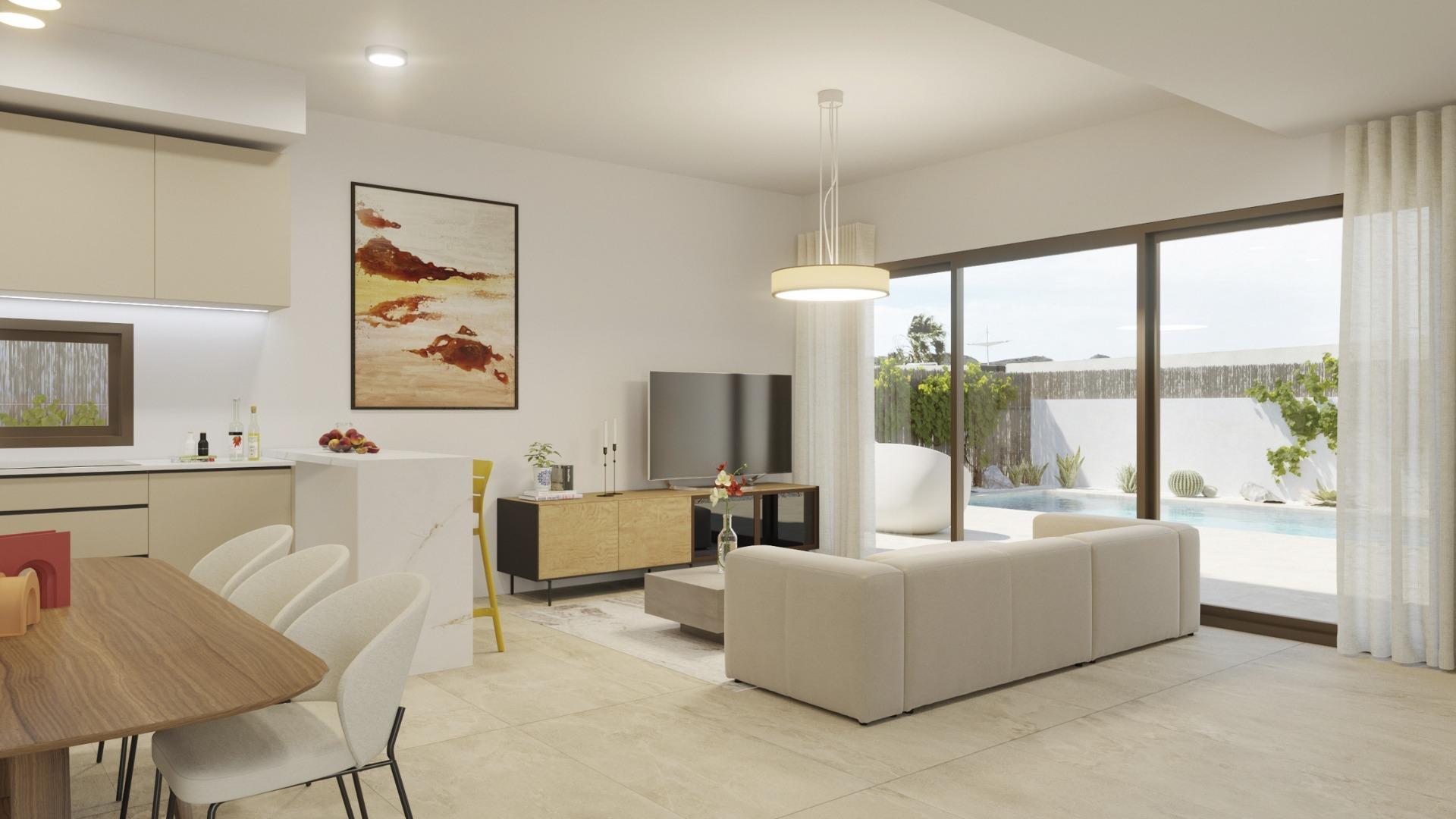 New build villas in Algorfa, featuring 3 bedrooms, 2 bathrooms, open plan kitchen with living area, large windows with terrace, pool access, and parking space. Access to high-quality services and close to beaches.