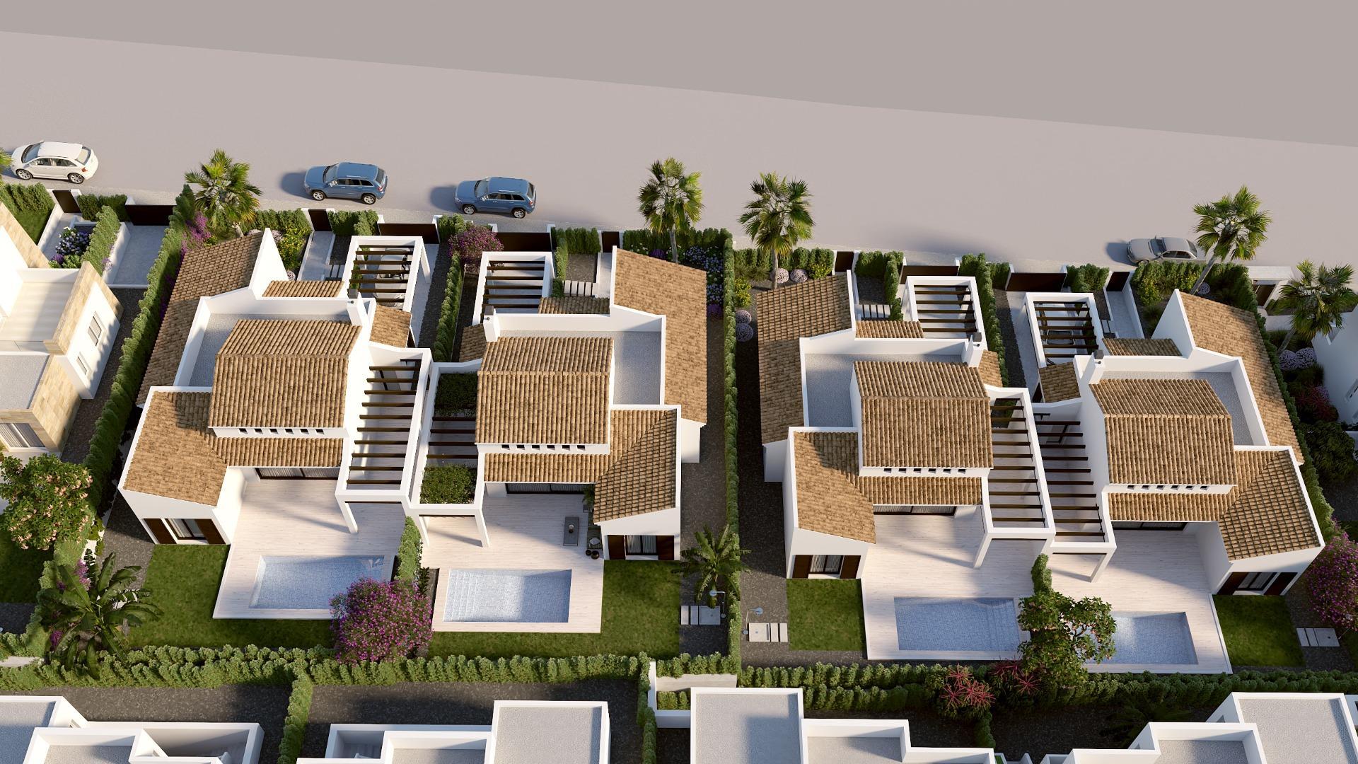 New build Mediterranean style villas located in La Finca Golf course, Algorfa, offering 3 bedrooms, 2 bathrooms, open plan kitchen and living area with garden, swimming pool, and off-road parking.