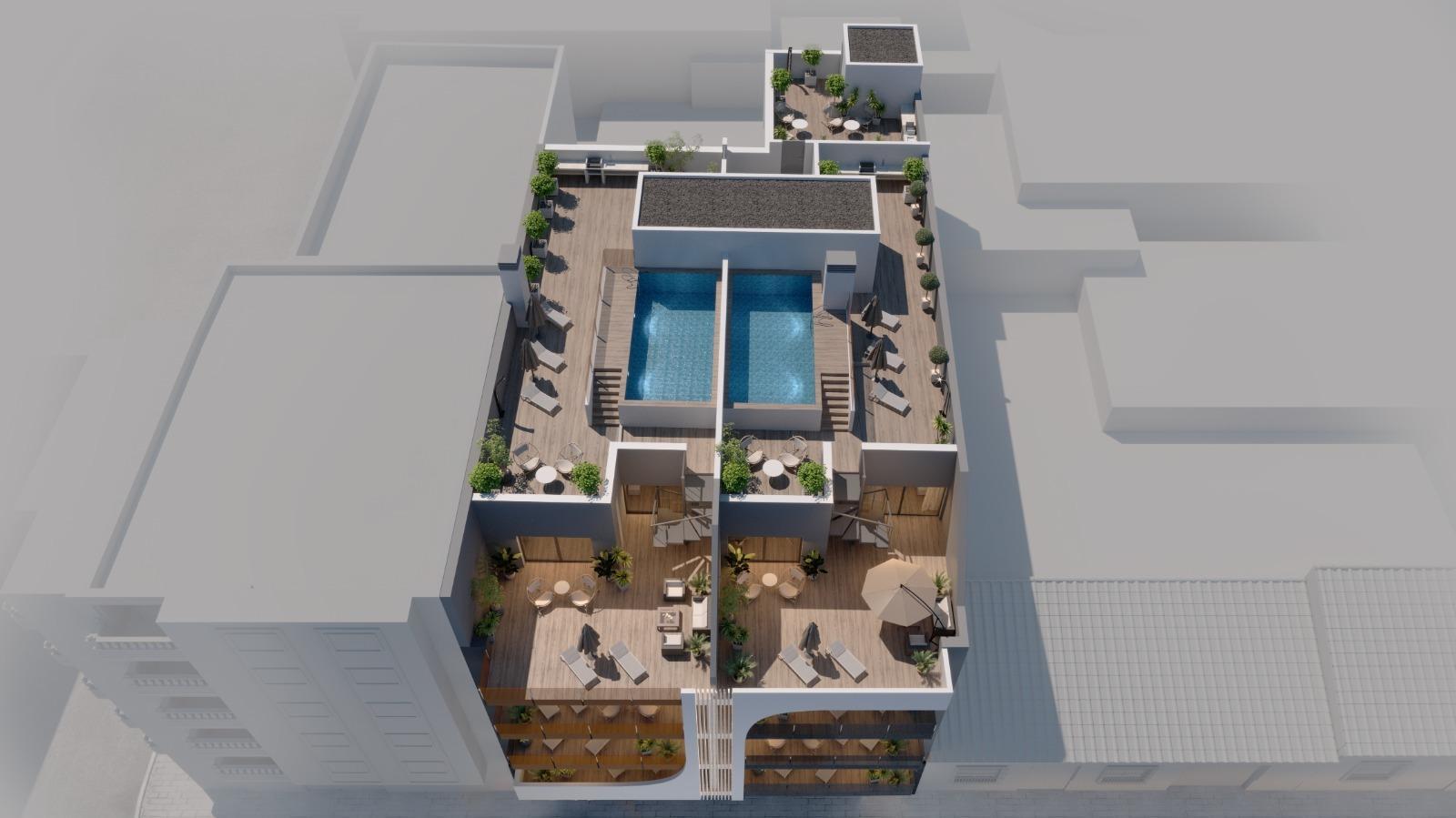 New build luxury apartments and penthouses in Torrevieja, 150 meters from the beach. Modern 3-bedroom, 3-bathroom properties with open plan kitchen, heated bathroom floors, spacious terraces, wardrobes, and kitchen. Community pool, sauna, rooftop solarium, and underground parking option. Completion end of 2025.