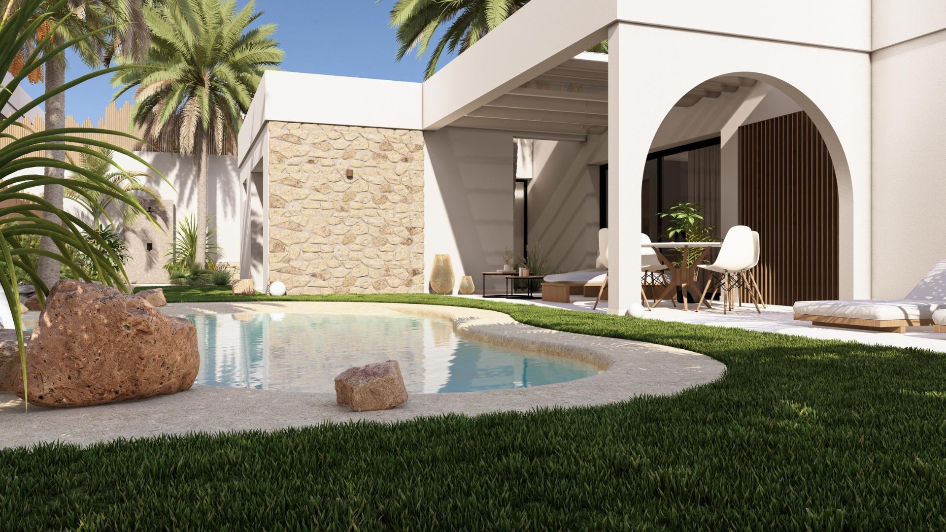 New build villas in Altaona Golf resort, Murcia with 3 bedrooms, 3 bathrooms, open plan kitchen, and private garden with pool. Features include energy-efficient rating, underfloor heating, air conditioning, and home automation system.