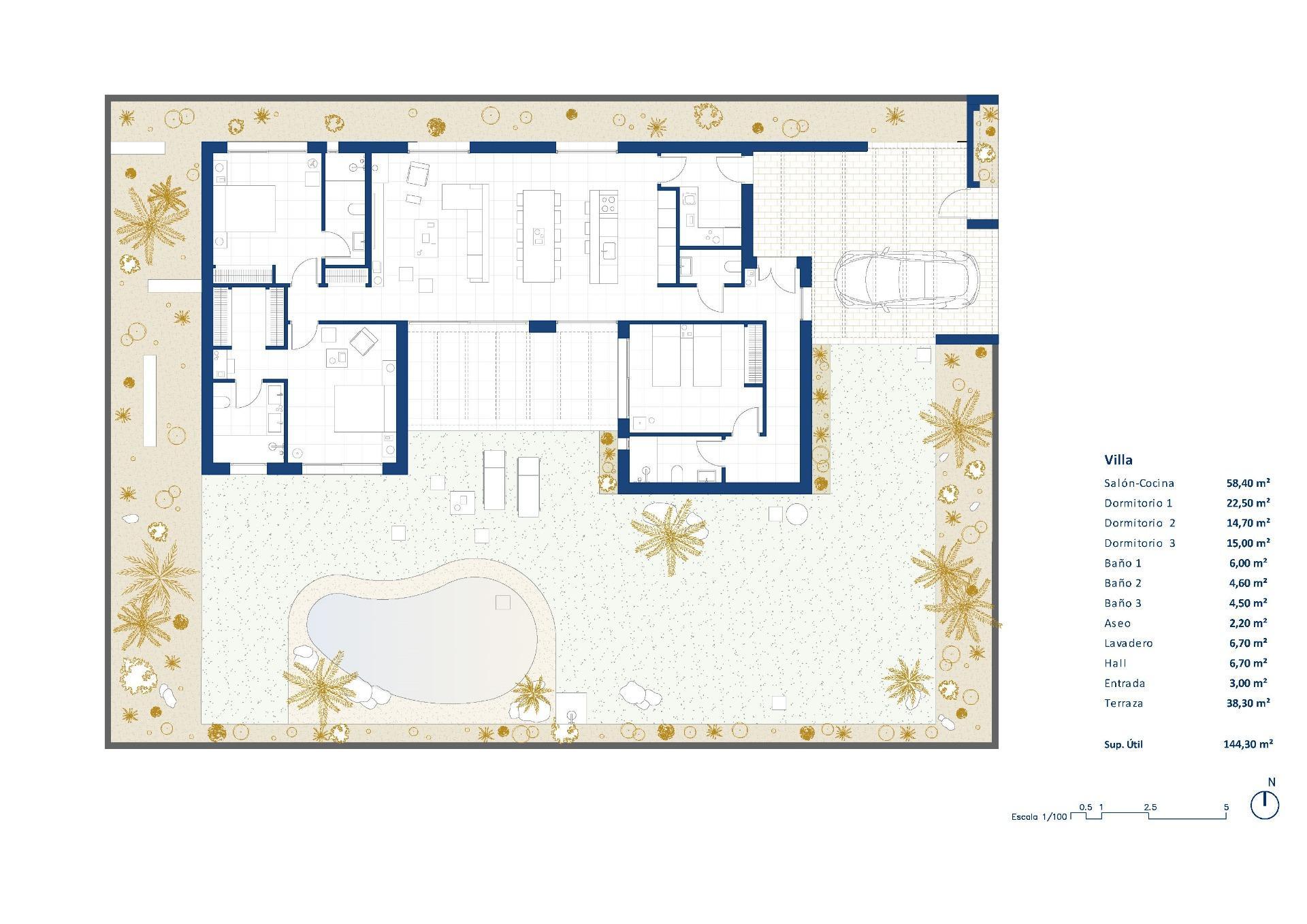 New build villas in Altaona Golf resort, Murcia with 3 bedrooms, 3 bathrooms, open plan kitchen, and private garden with pool. Features include energy-efficient rating, underfloor heating, air conditioning, and home automation system.