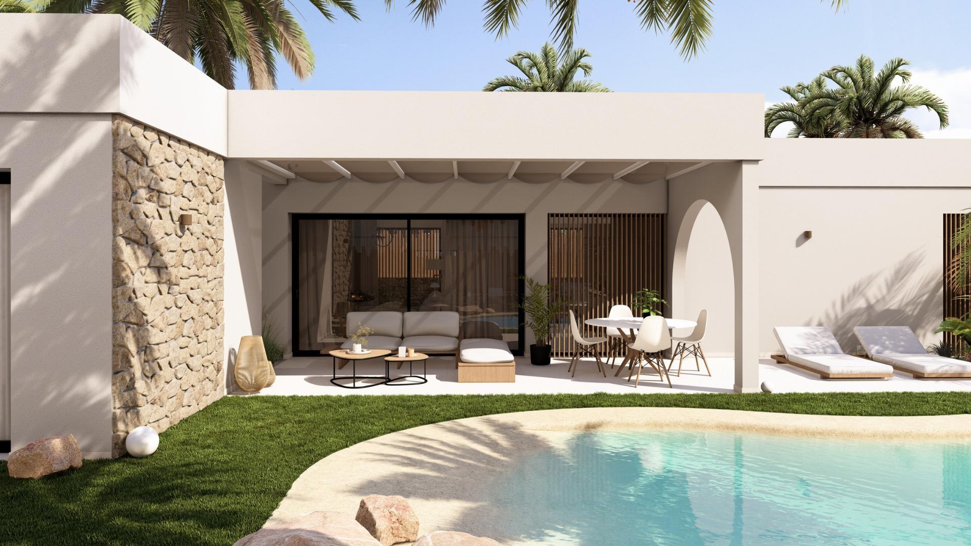 New build villas in Altaona Golf resort, Murcia with 3 bedrooms, 3 bathrooms, open plan kitchen, and private garden with pool. Features include energy-efficient rating, underfloor heating, air conditioning, and home automation system.