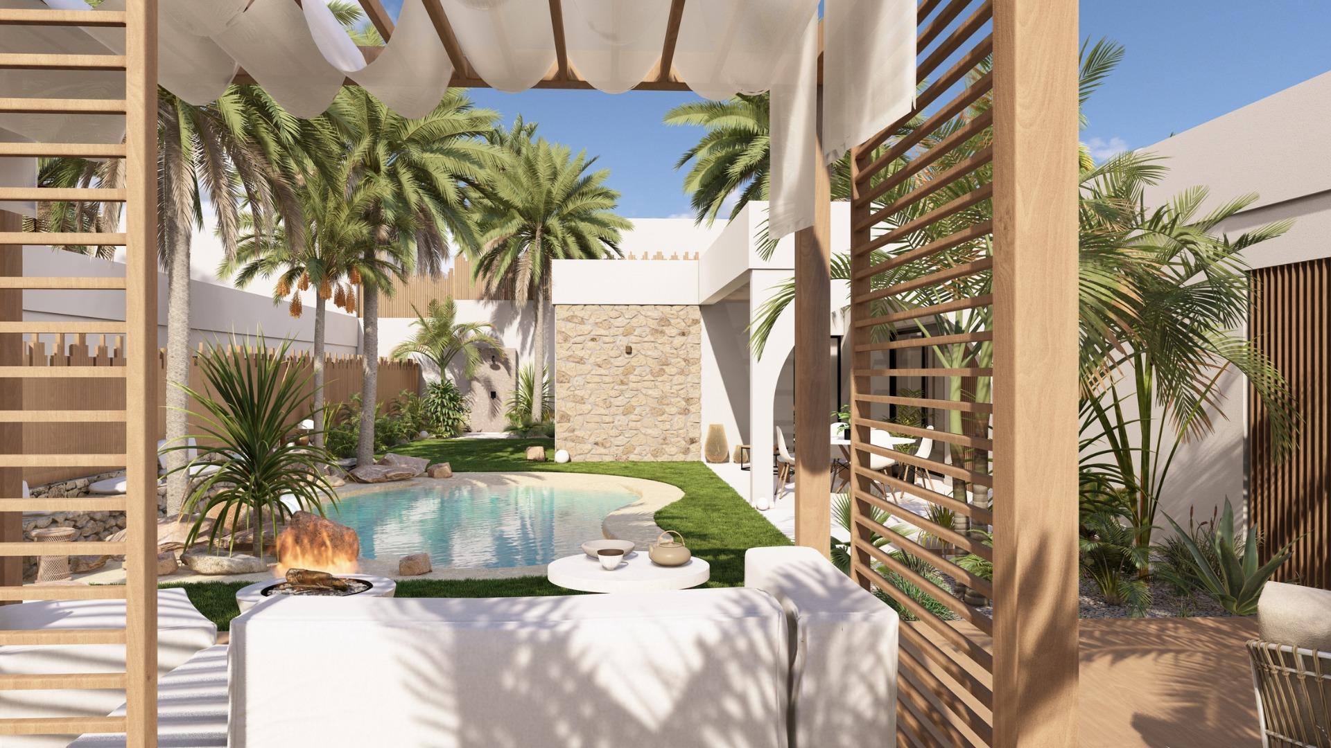 New build villas in Altaona Golf resort, Murcia with 3 bedrooms, 3 bathrooms, open plan kitchen, and private garden with pool. Features include energy-efficient rating, underfloor heating, air conditioning, and home automation system.