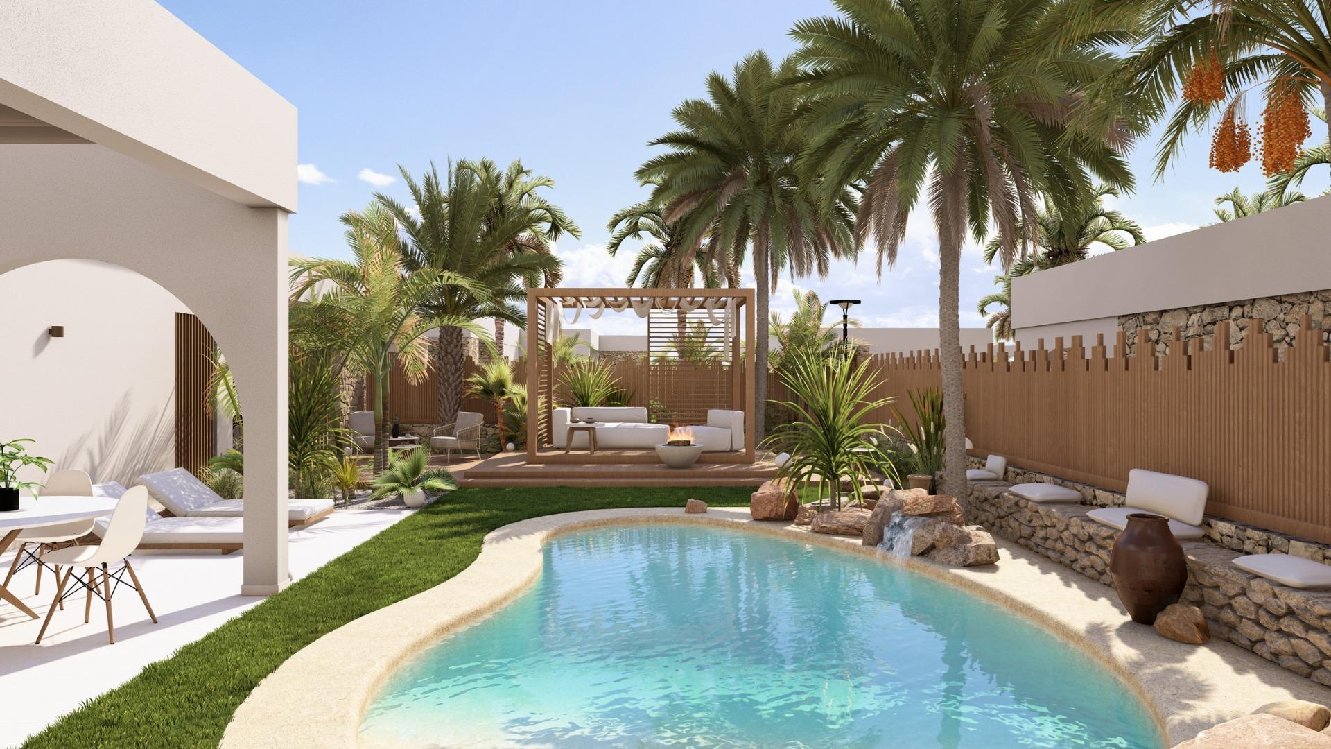 New build villas in Altaona Golf resort, Murcia with 3 bedrooms, 3 bathrooms, open plan kitchen, and private garden with pool. Features include energy-efficient rating, underfloor heating, air conditioning, and home automation system.