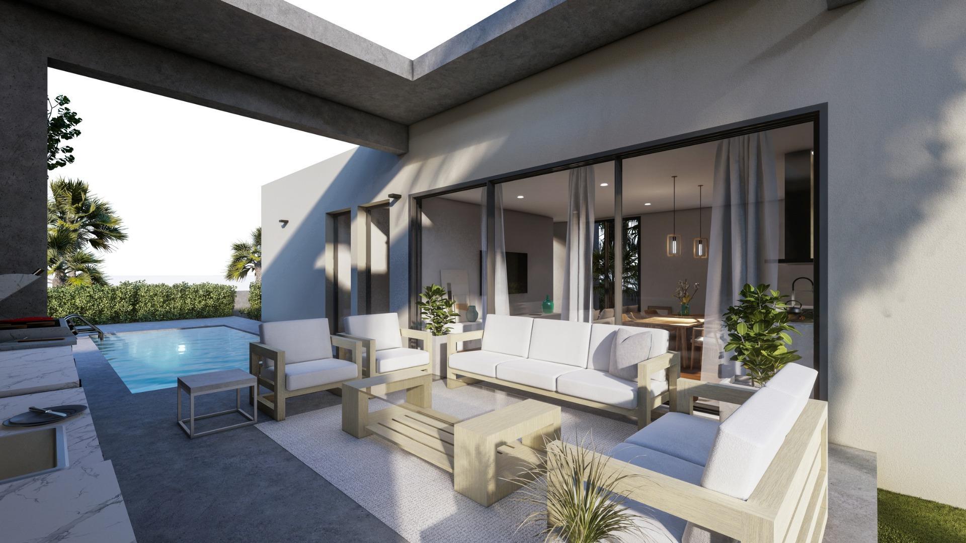 New Build semi-detached villas in Altaona Golf Resort, Murcia, featuring open plan kitchen, 3 bedrooms, 3 bathrooms, terrace, private garden with pool, and parking space. Properties include energy-efficient features, underfloor heating, air conditioning, and home automation.