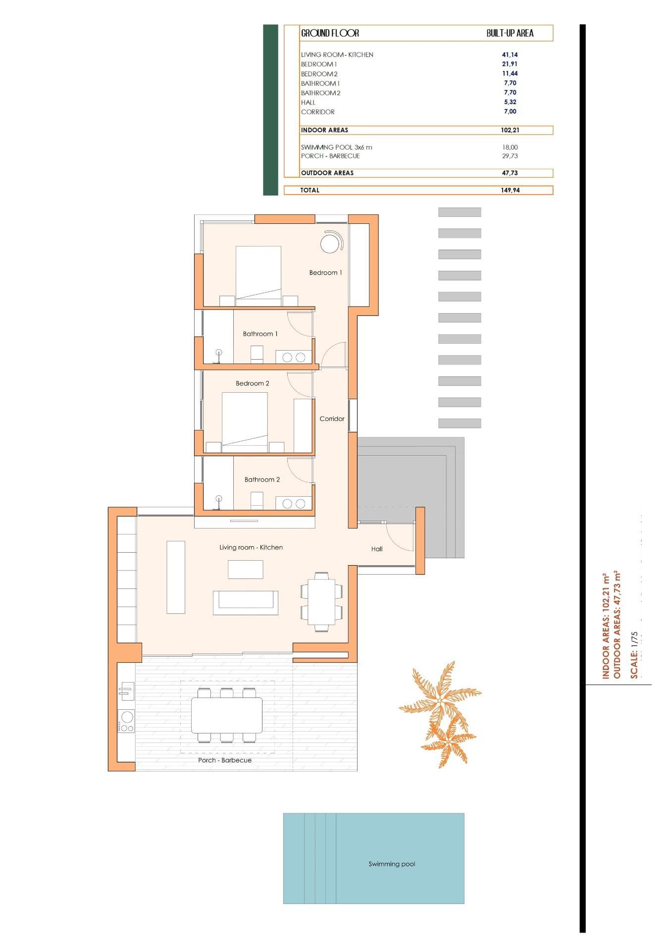 New build villas in Altaona Golf Resort, Murcia with 2 bedrooms, 2 bathrooms, terrace, private garden, pool, and parking. Features include energy efficiency, air conditioning, underfloor heating, kitchen appliances, LED lighting, smart switches, home automation, and garden irrigation.