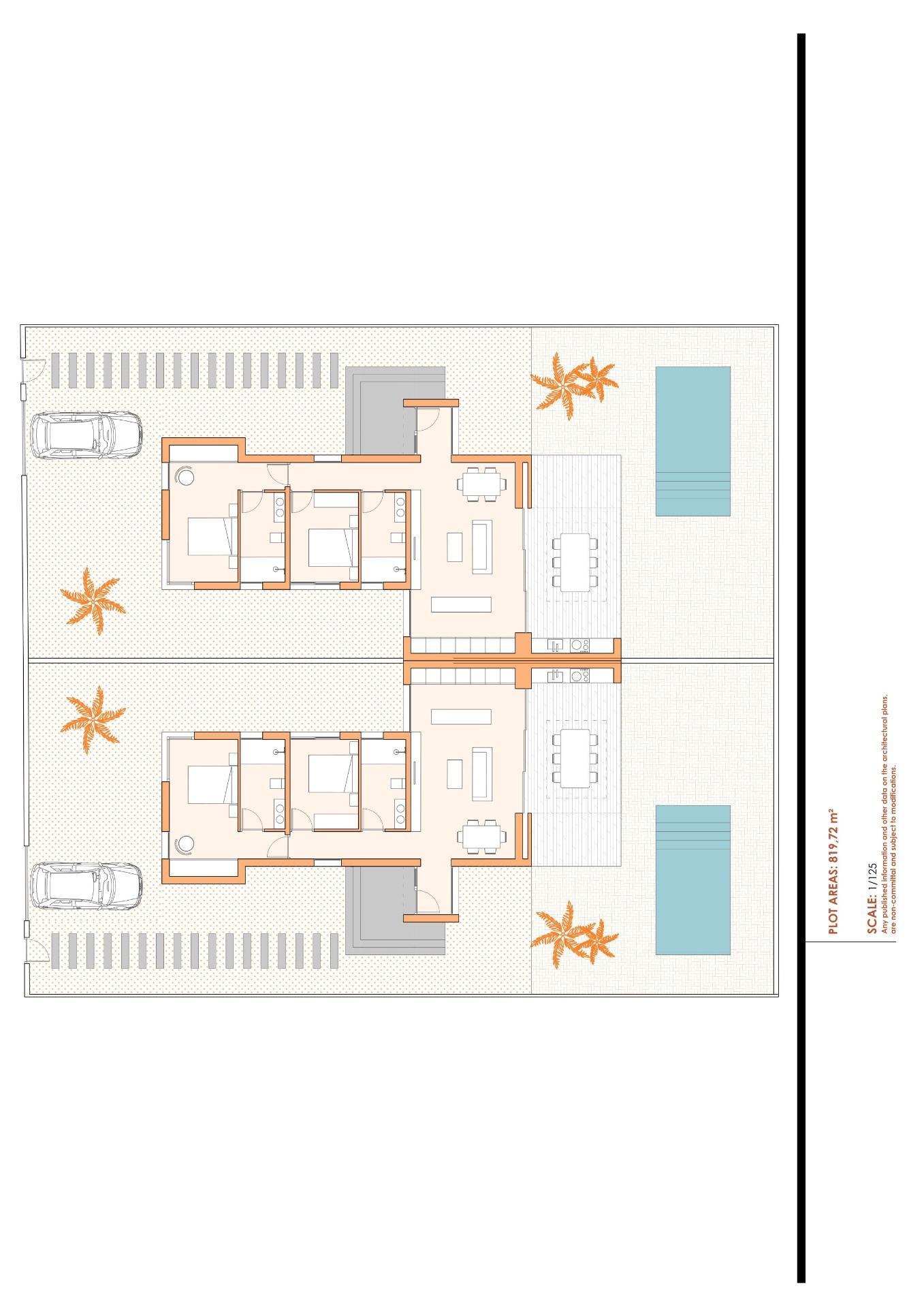 New build villas in Altaona Golf Resort, Murcia with 2 bedrooms, 2 bathrooms, terrace, private garden, pool, and parking. Features include energy efficiency, air conditioning, underfloor heating, kitchen appliances, LED lighting, smart switches, home automation, and garden irrigation.