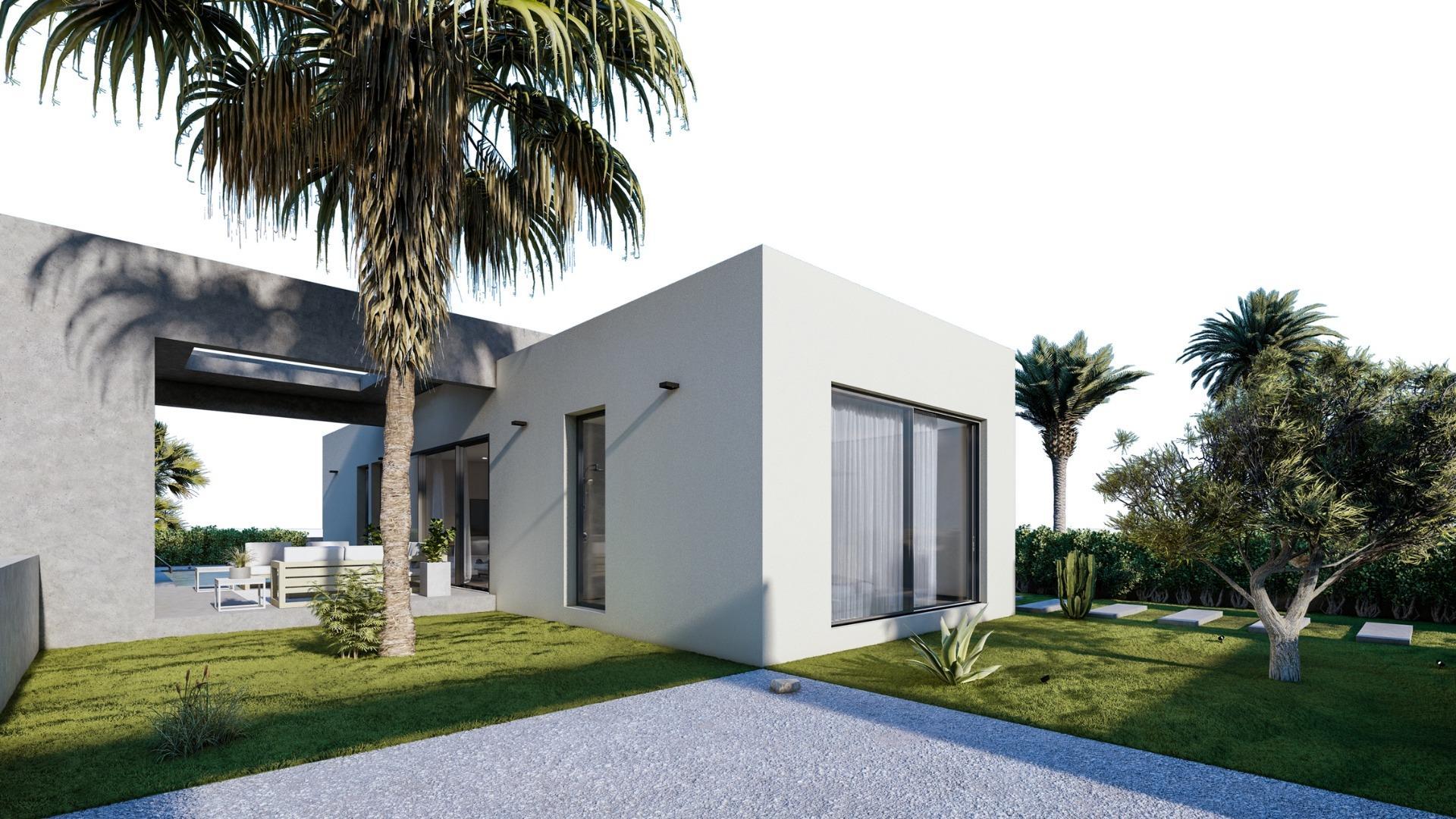 New build villas in Altaona Golf Resort, Murcia with 2 bedrooms, 2 bathrooms, terrace, private garden, pool, and parking. Features include energy efficiency, air conditioning, underfloor heating, kitchen appliances, LED lighting, smart switches, home automation, and garden irrigation.